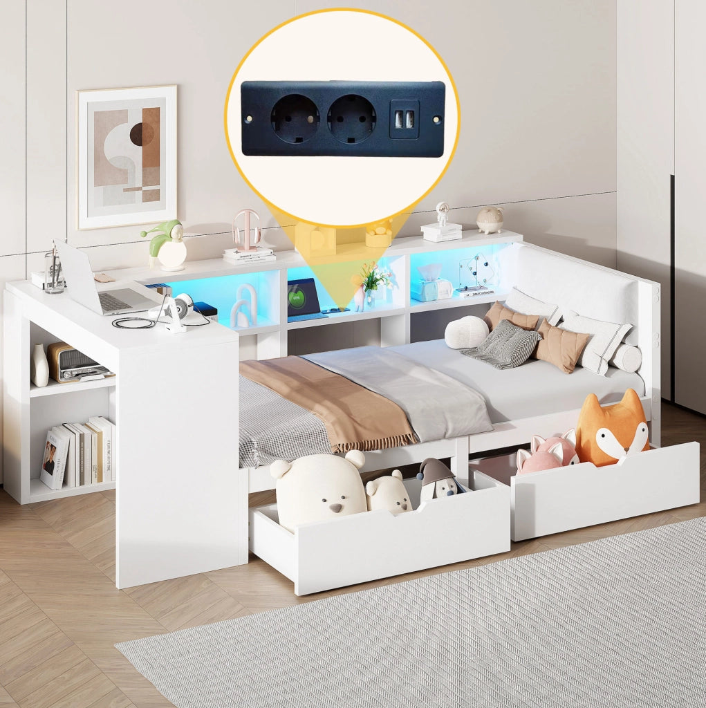 Letto a piattaforma 90x200 cm con testiera imbottita; contenitore; USB e LED; bianco