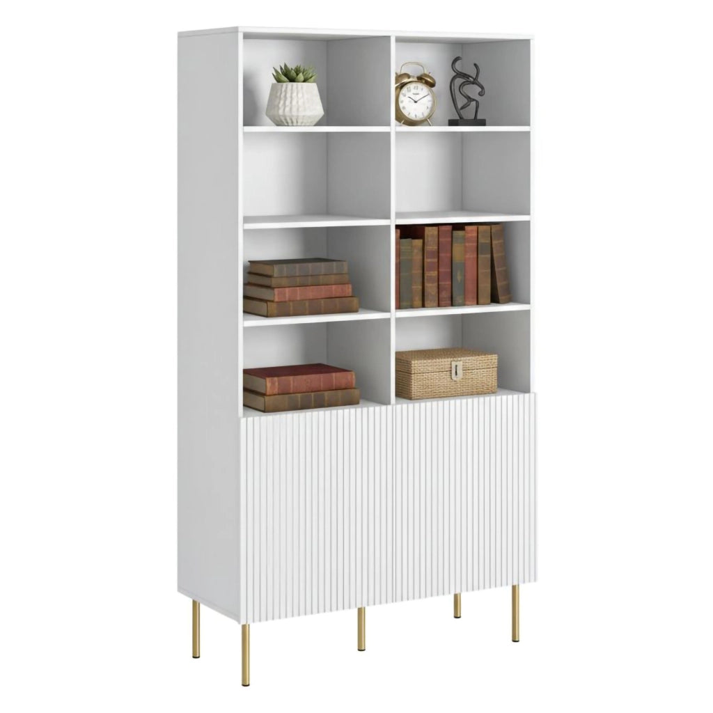 Libreria Estarreja, Mobile portalibri con vani aperti e due ante, Rialzato da terra, 100x42 h177 cm, Bianco