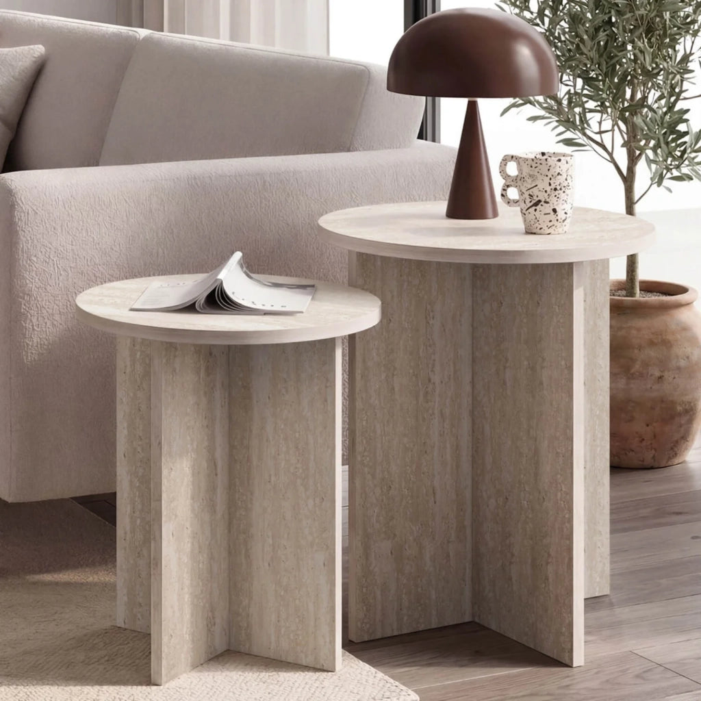 IDMarket - Set di 2 tavolini rotondi, tavolini da salotto, comodini MARTHE 35/40 cm in legno effetto travertino