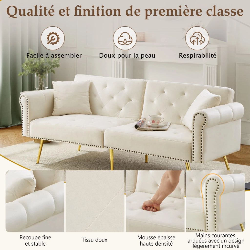 OKWISH Divano letto 2 posti, doppio schienale regolabile in 3 posizioni con 2 cuscini e spazio inferiore, Velluto Beige