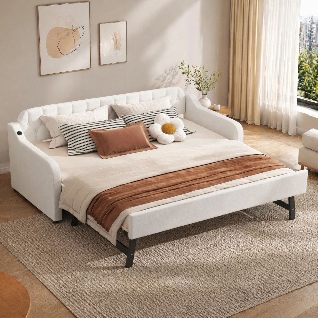 Divano letto estraibile 90x200 cm con porta USB; in lino beige