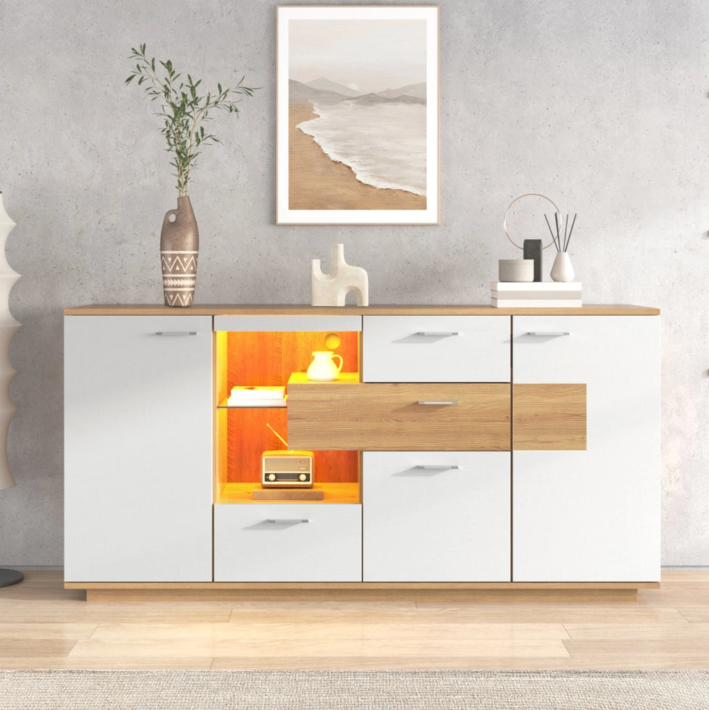 Credenza moderna 160x40x77 cm con LED, 2 ante e 4 cassetti
