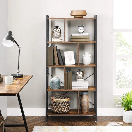Libreria industriale a 4 livelli - Parete divisoria - Stabile - Colore marrone-nero - Dimensioni 74 x 30 x 154,5 cm