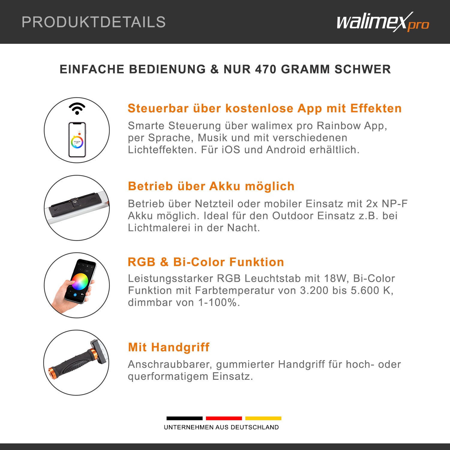 LED Rainbow RGB Stick 18W Set - composto da Rainbow LED RGB Stick, impugnatura, alimentatore, borsa per il trasporto e la conservazione, caricabatterie e 2 batterie