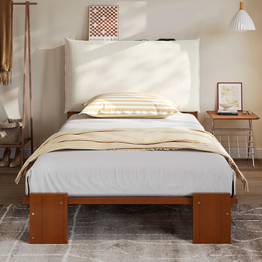 OKWISH Letto Bambino 90×200 cm, Letto Singolo con Schienale Imbottito con Chiusura a Strappo e Piedi Larghi, senza Materasso, Marrone