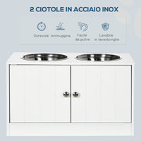 Ciotole per Cani Rialzate con Armadietto da 44L e 2 Ciotole in Acciaio 60x30x35.5cm Bianco