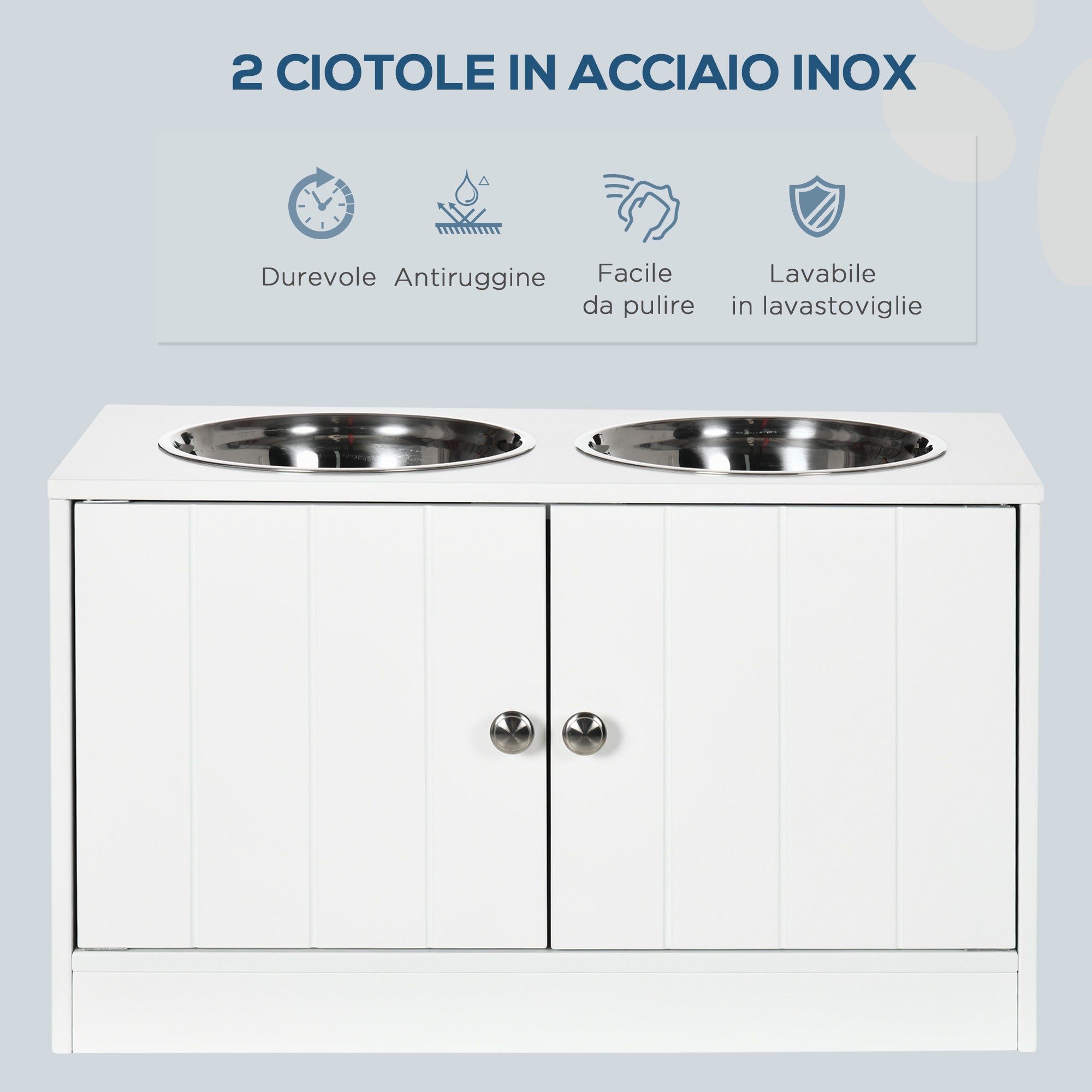 Ciotole per Cani Rialzate con Armadietto da 44L e 2 Ciotole in Acciaio 60x30x35.5cm Bianco