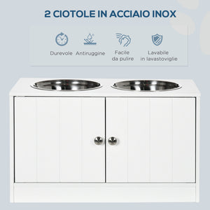 Ciotole per Cani Rialzate con Armadietto da 44L e 2 Ciotole in Acciaio 60x30x35.5cm Bianco