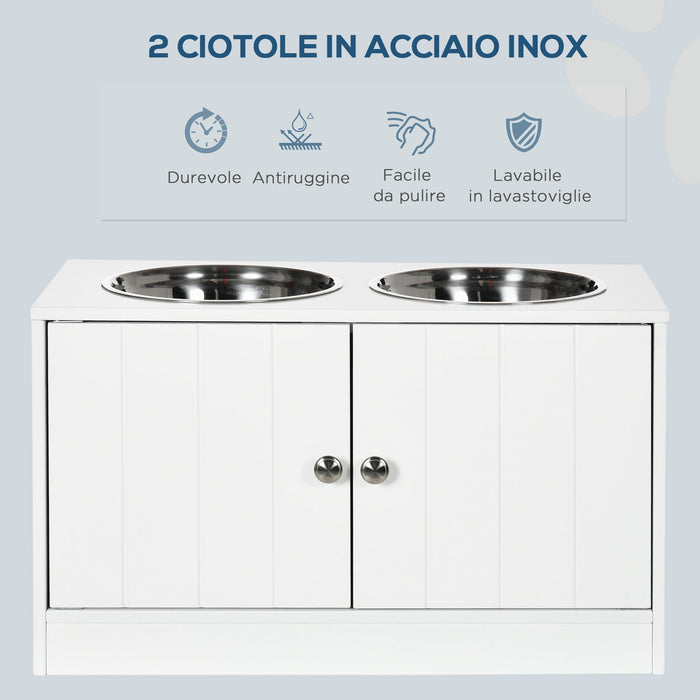 Ciotole per Cani Rialzate con Armadietto da 44L e 2 Ciotole in Acciaio 60x30x35.5cm Bianco