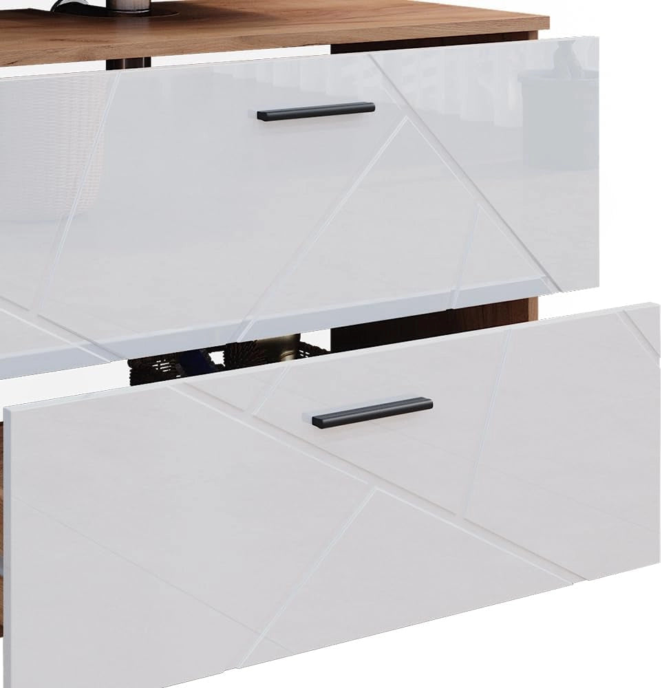 Set di mobili da bagno Irma, Bianco lucido/oro power oak, 80 cm, composto da mobile sottolavabo, specchiera e mobile medio