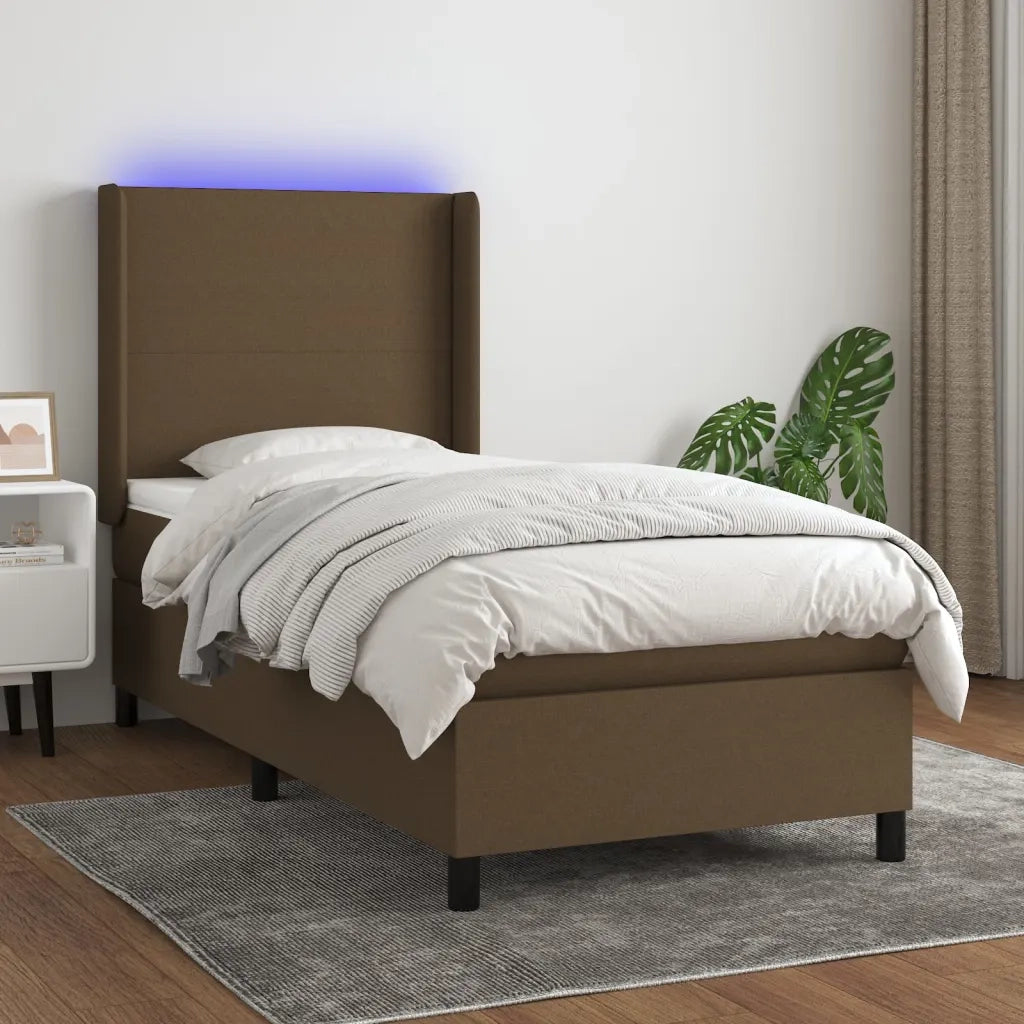 Letto singolo | Letto per adulti | Letto a Molle Materasso e LED Marrone Scuro 80x200cm in Tessuto