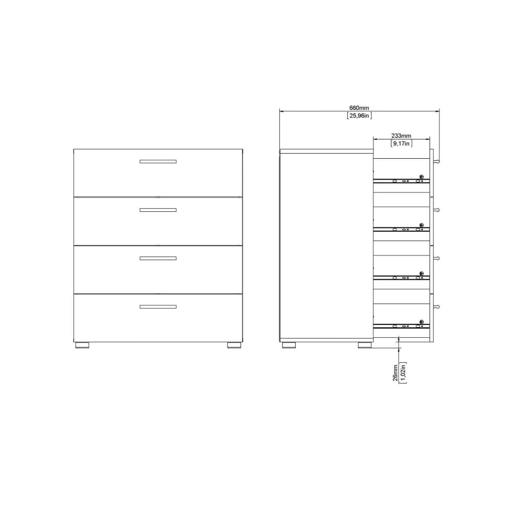 Cassettiera a quattro Aramis, colore bianco, cm 70 x 82 x 40
