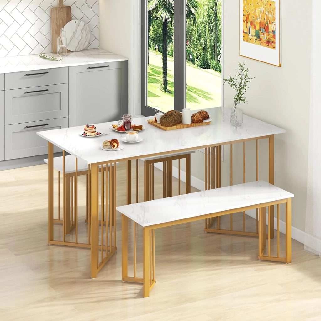 Tavolo da pranzo con panca e 2 sgabelli, tavolo da cucina con sedie, set da pranzo con gambe in metallo dorato, marmo artificiale, set da pranzo moderno per 4 persone