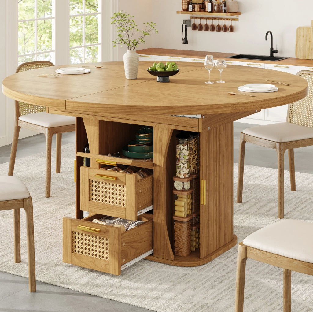 Tavolo da pranzo allungabile 118x118x77.1 cm con cassetti effetto rattan in MDF naturale