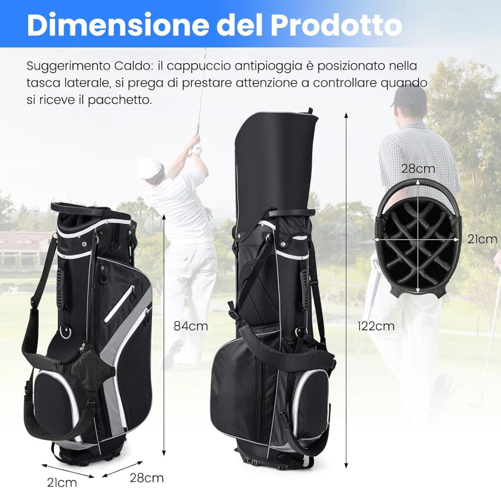 Sacca per Mazze da Golf, Borsa da Golf con Supporto, Divisori a 14 Vie, 6 Tasche, Borsa Frigo, Doppia Tracolla e Cappuccio Antipioggia, Ideale per Uomini e Donne