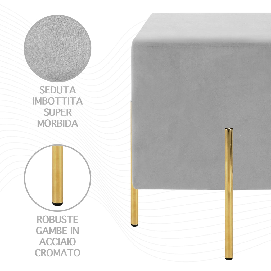 Pouf Poggiapiedi In Velluto Con Gambe Dorate Elegante Imbottito Sgabello Per Toeletta Mobile Trucco Ottomano Ingresso Tavolino Camera Da Letto Soggiorno Salotto Quadrato - Grigiochiaro