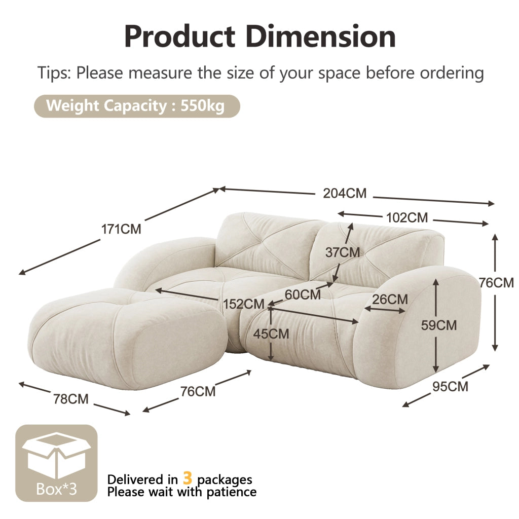 Divano modulare 2 posti con pouf in schiuma 32D ad alta densità senza struttura ciniglia beige chiaro 204 × 171 × 76 cm