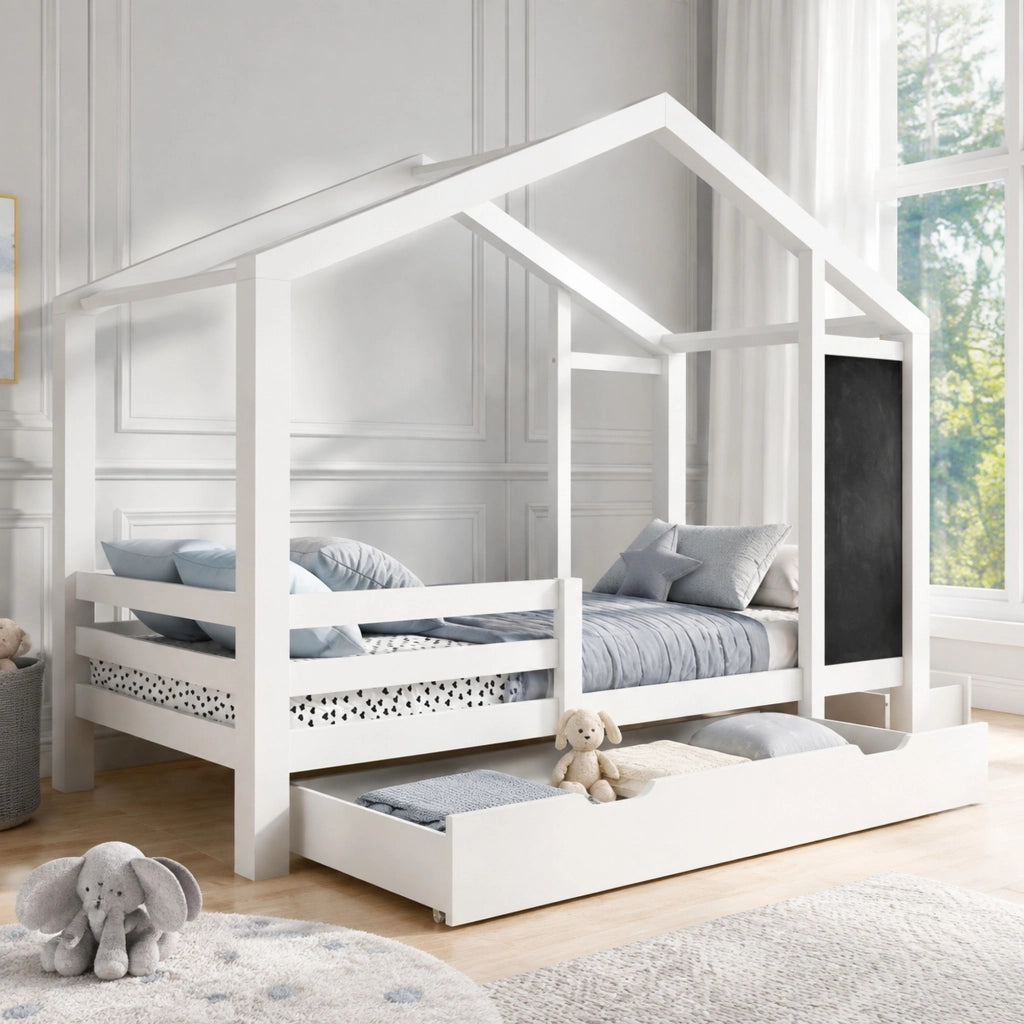 DESMIU Letto a casetta per bambini 90 × 200 cm singolo con lavagna, 2 cassetti e barriere, senza materasso