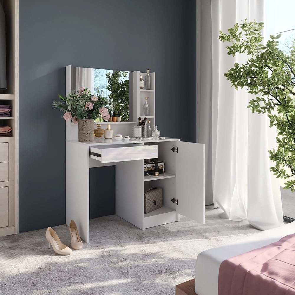 Tavolo da toeletta Sherry, Bianco/bianco lucido, 89.8 cm 3 parti