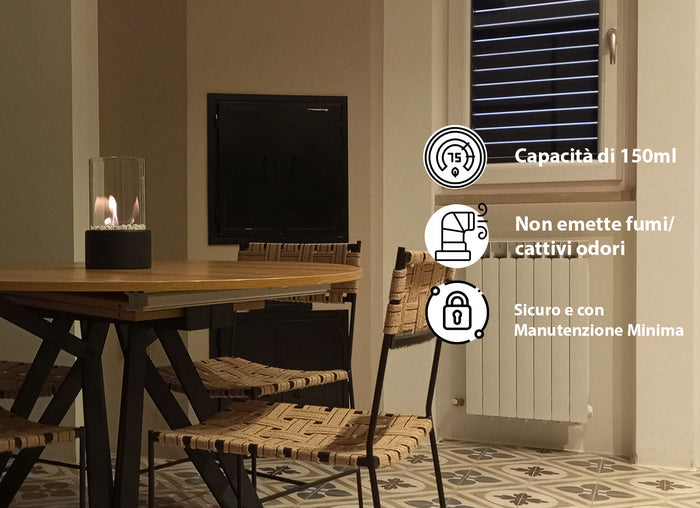 Camino a Bioetanolo da Tavolo Ø16x27 cm CALIDRIA per Interni ed Esterni in Vetro e Acciaio Nero Satinato