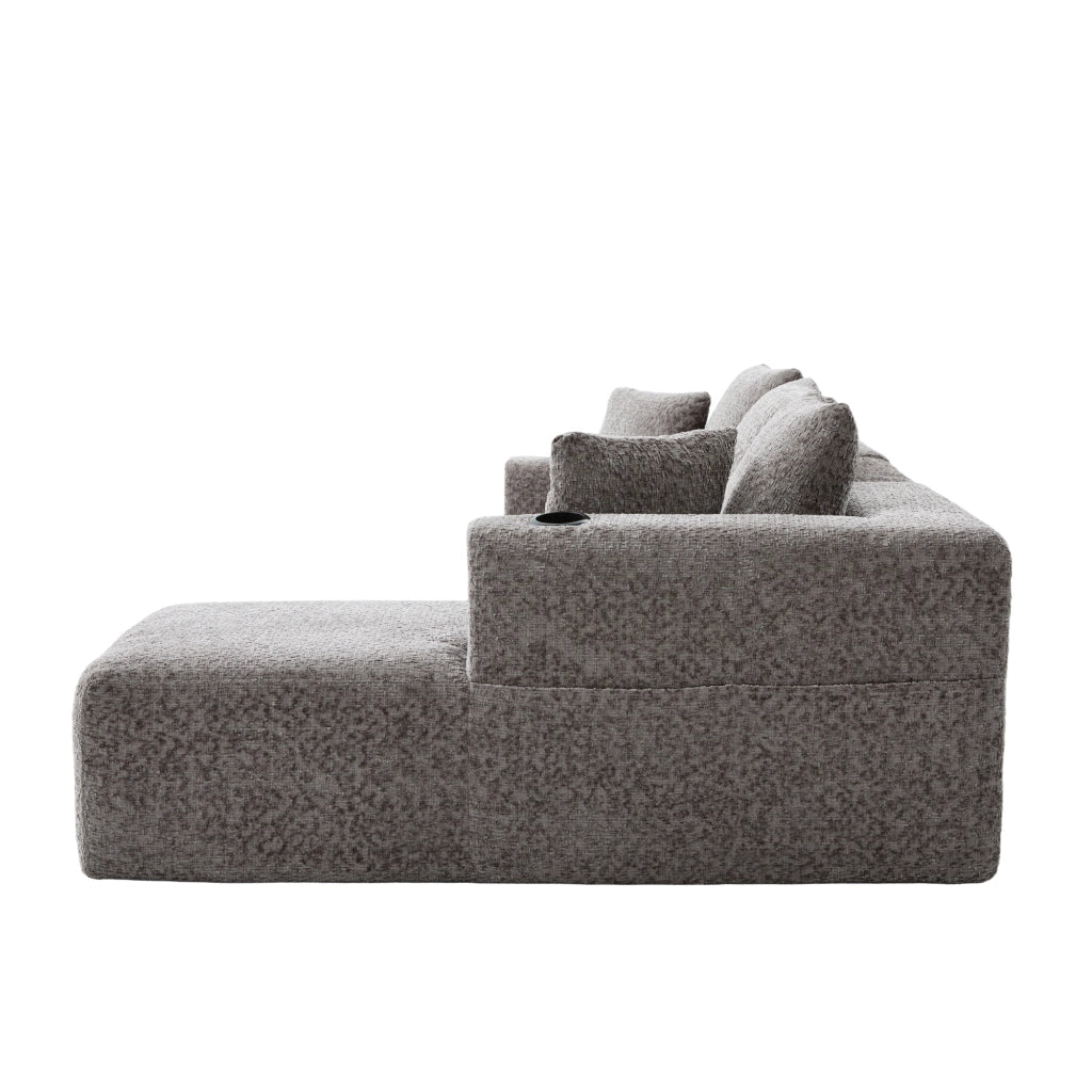 Divano angolare modulare in chenille con portabicchieri e tasche laterali grigio scuro 261 × 165 × 80 cm