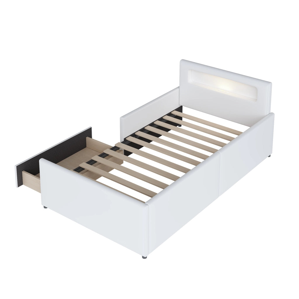 Letto 90x200 cm - Letto imbottito,Con luce notturna,Porta di ricarica USB,Con vani portaoggetti,Bianco