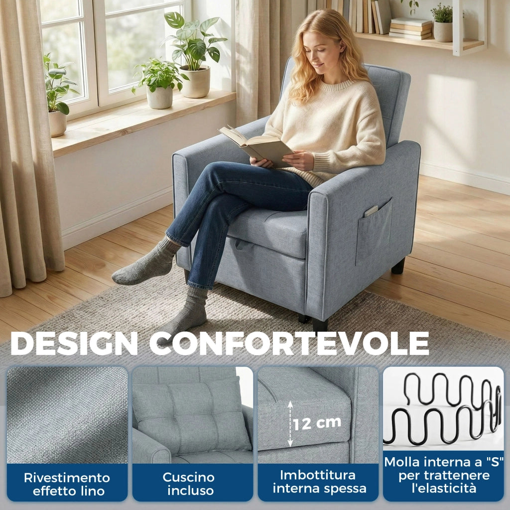 Divano Letto Pieghevole Convertibile 69x82x85 cm con Schienale Regolabile e Cuscino in Tessuto Effetto Lino Grigio