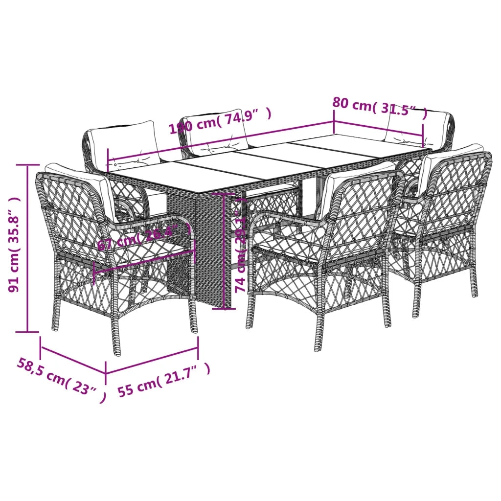 Set da Pranzo da Giardino 7pz con Cuscini in Polyrattan Marrone 3212058