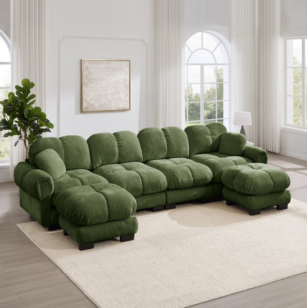Divano modulare angolare a U in chenille verde 330x149x90 cm con pouf mobili