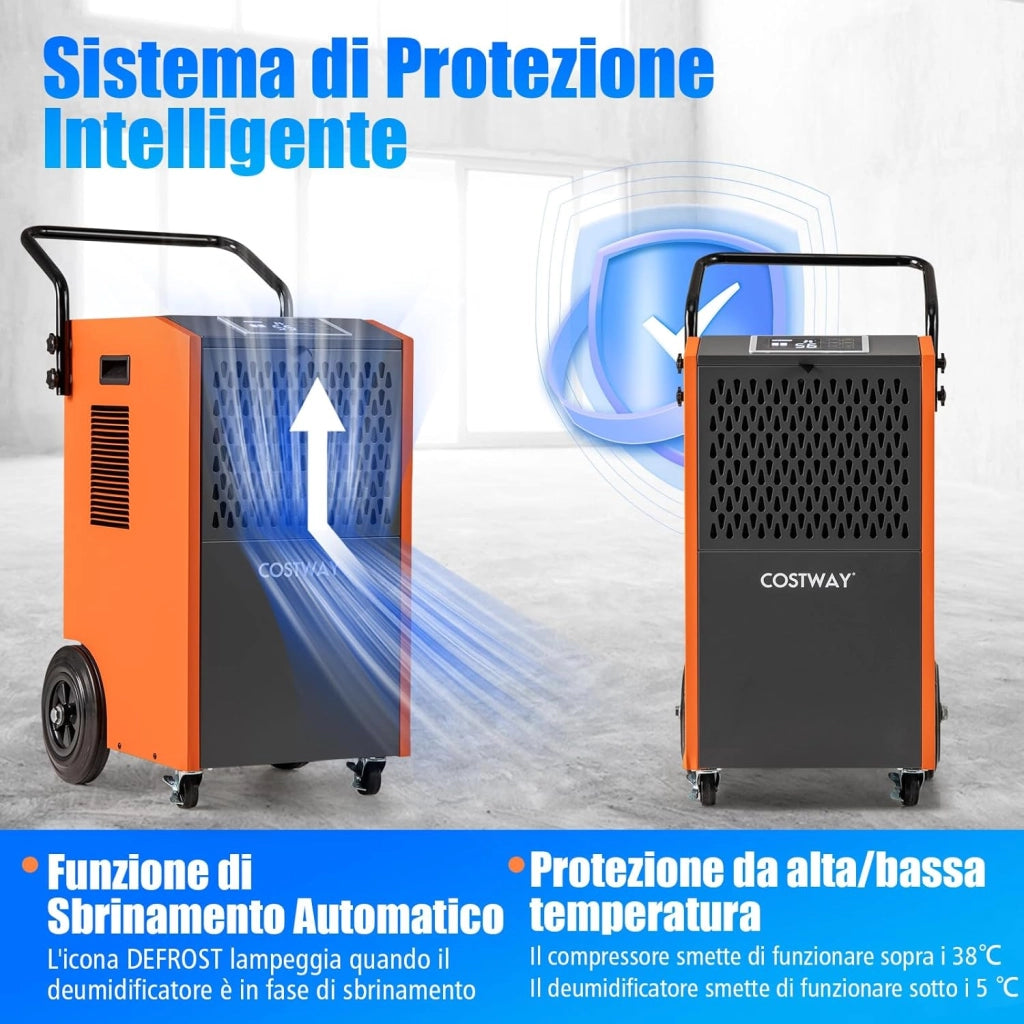 Deumidificatore Casa, Deumidificatore Elettrico con Tubo di Scarico e Timer, Deumidificatore Portatile con Ruote per Cantina, Magazzino, Fabbrica e Grandi Spazi fino a 695 m³ (Arancione)