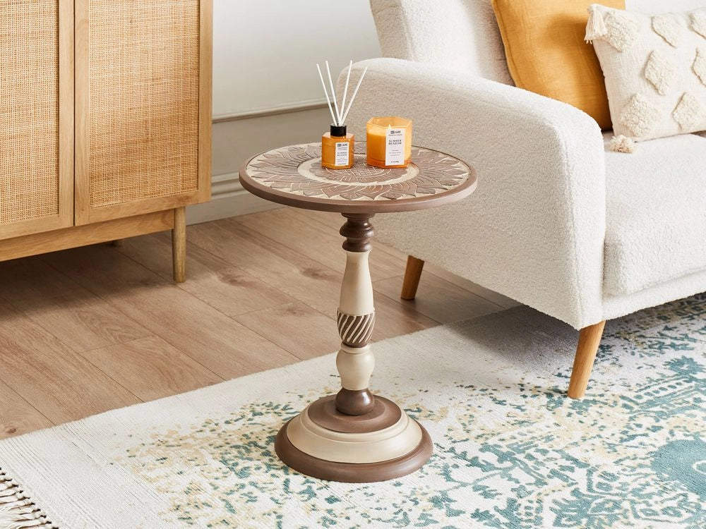 Tavolino in legno di mango scuro con piano rotondo 45 x 45 cm Design tradizionale