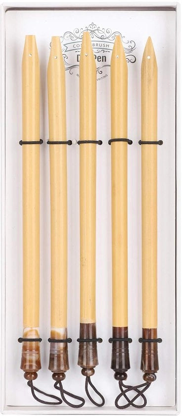 Set di Pennelli a Calamo da 5 pezzi - Pennelli a Calamo in Bambù - Manufatti a mano - Scatola Regalo - Ideale per Disegnare - Materiale Duraturo - Pennello a Inchiostro