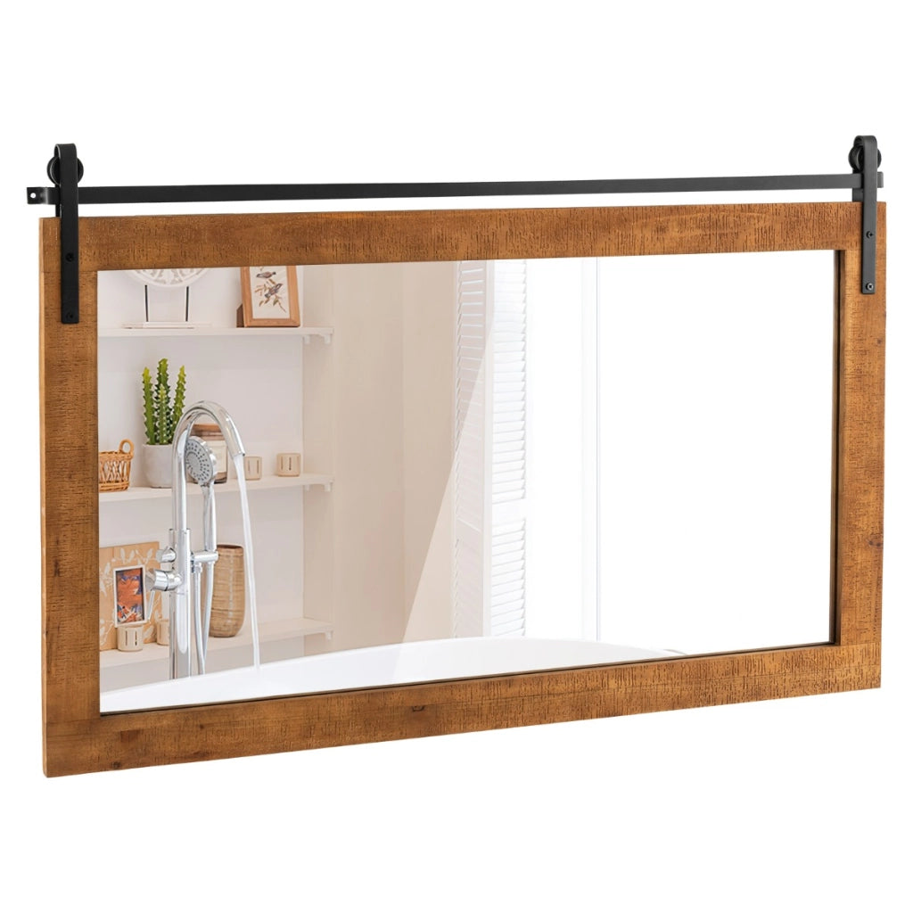 Specchio da parete con cornice in legno massiccio e staffa in metallo, Decorazione da parete in stile rustico Marrone-Specchi da parete
