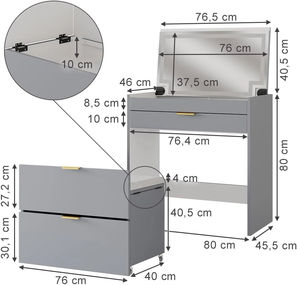 Tavolino da toilette Wanja, Grigio, 80 cm con panca e specchio LED, utilizzabile come tavolo da trucco e scrivania con sgabello girevole
