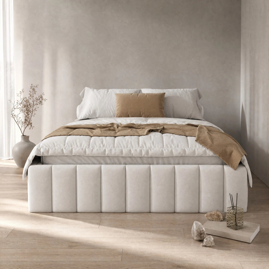 Letto imbottito 140x200 cm in velluto beige con 4 cassetti