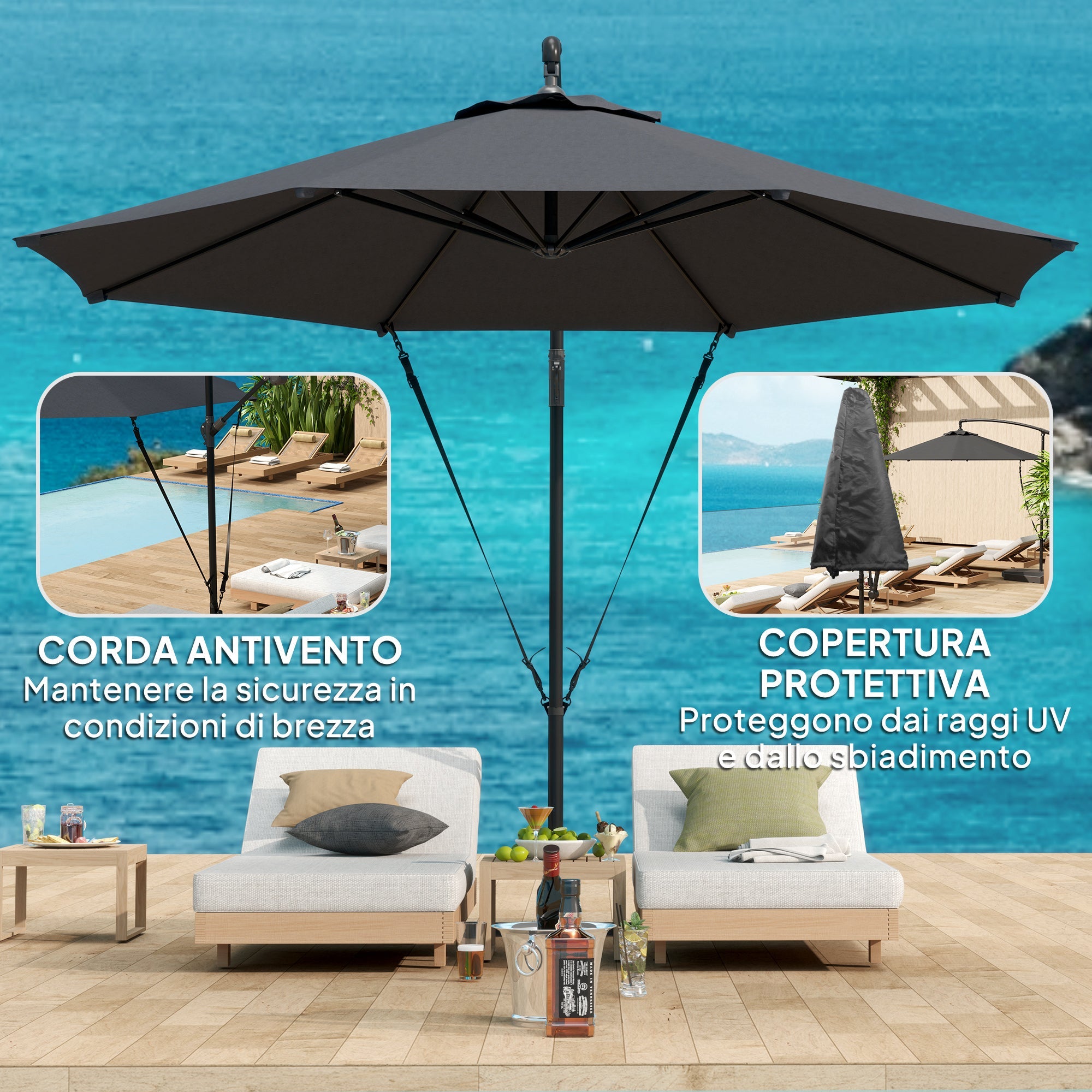 Ombrellone da Giardino Rotondo Ø290x243A cm Inclinabile Protezione UPF 50+ Grigio Scuro