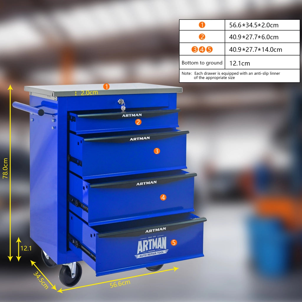 Carrello porta attrezzi con 4 cassetti e ruote piroettanti per garage e officina in acciaio nero e blu 62.5 × 34.5 × 78 cm