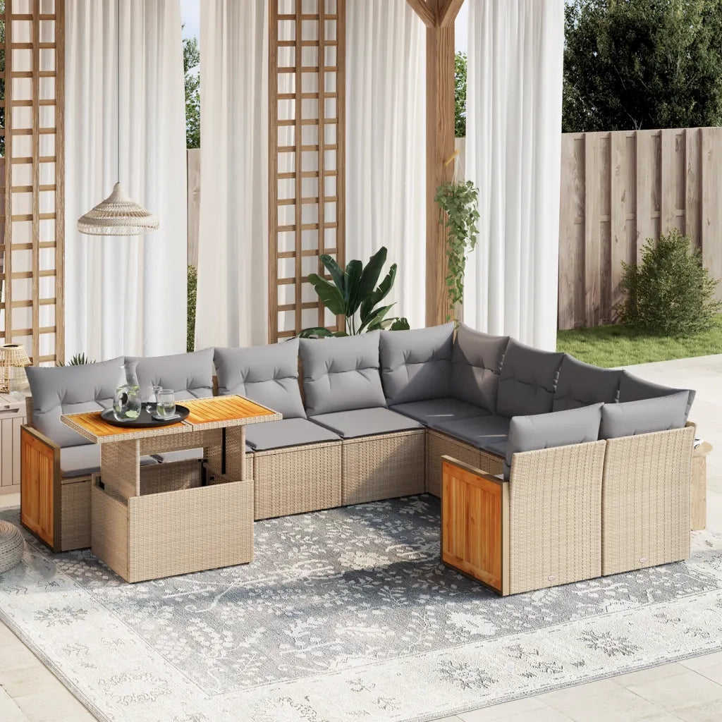 Set Divano da Giardino 10 pz con Cuscini Beige in Polyrattan