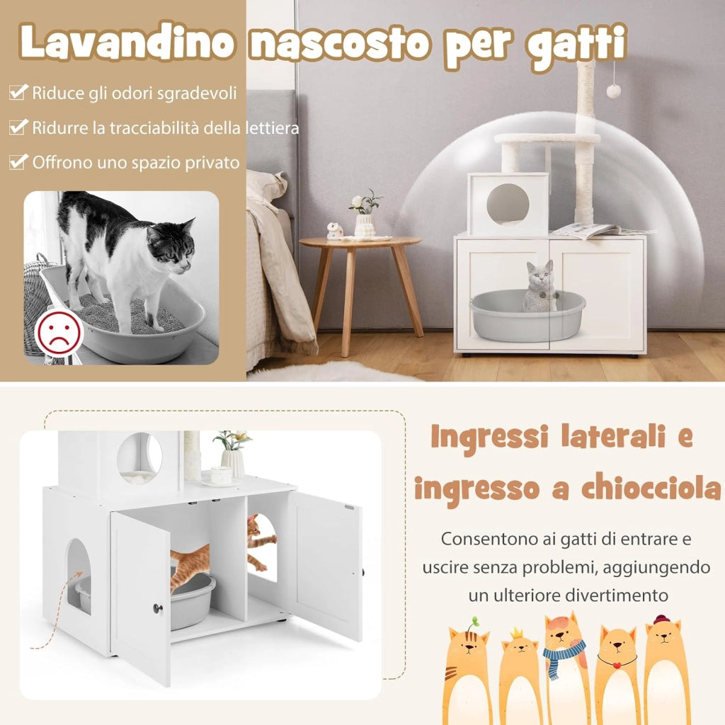 Tiragraffi per Gatti Adulti con Rifugio ad Ante Nascosto, Torre per Gatti con Cuccia, Piattaforma, Cuscini e Tiragraffi, Albero per Animali Grandi Alto in Legno, 77,5 x 49 x 132 cm (Bianco)