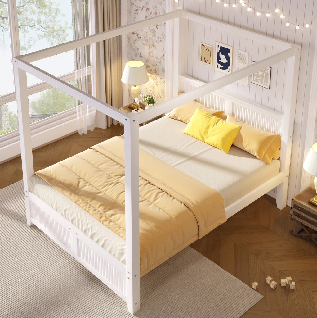 Letto a baldacchino 140 x 200 cm con lamelle verticali in pino e MDF; bianco