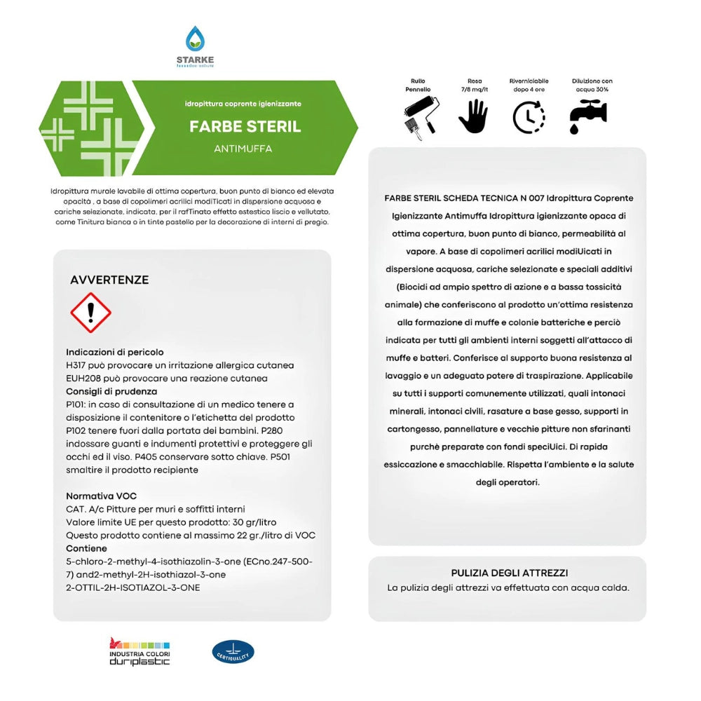 Farbe steril pittura coprente igienizzante antimuffa opaca permeabile vapore *** formato 5 lt, confezione 1