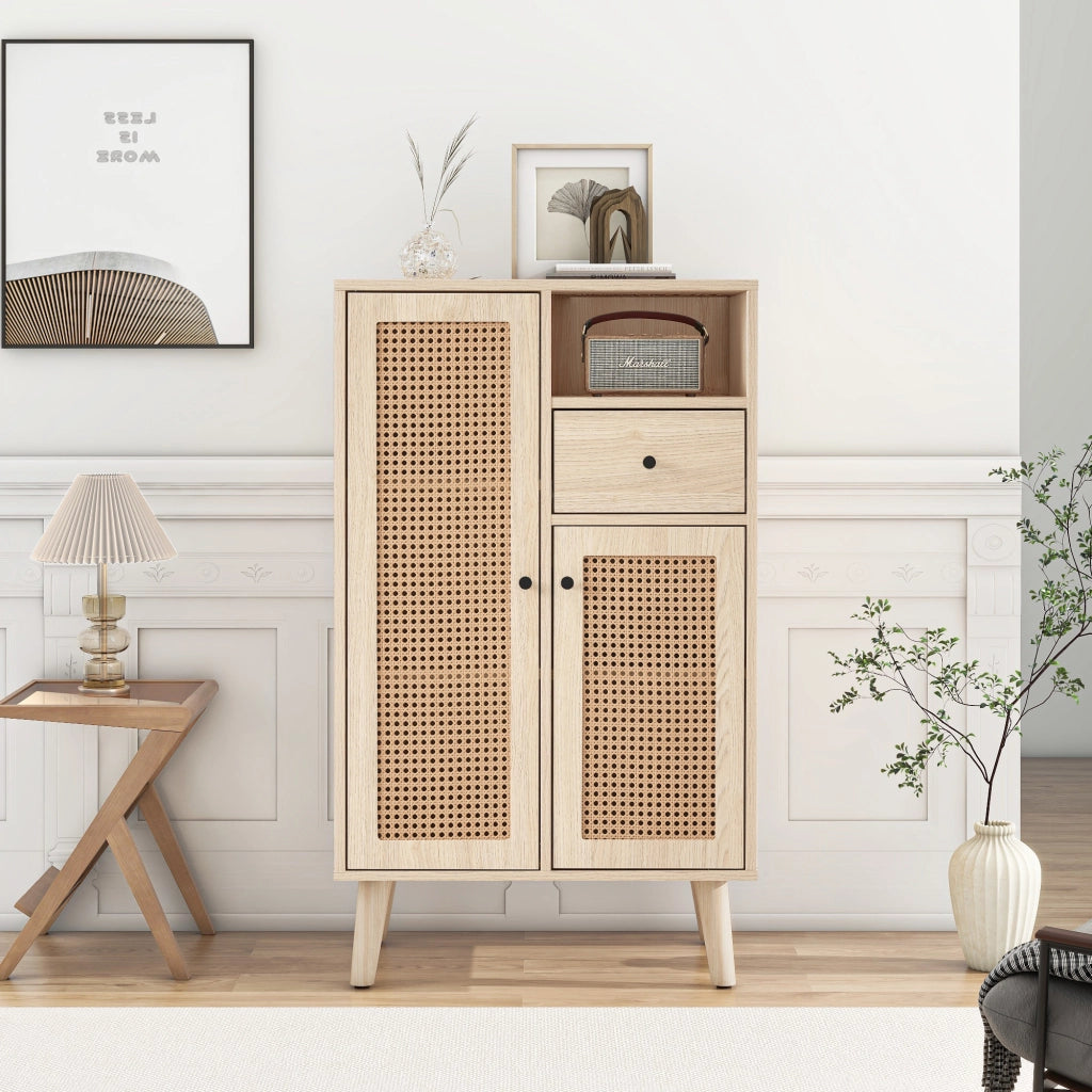 Credenza con 2 Ante in Rattan e 1 Cassetto; Vano a Giorno; Stile Naturale; in Pannello Truciolare; Rovere; 60¡Á40¡Á101 cm