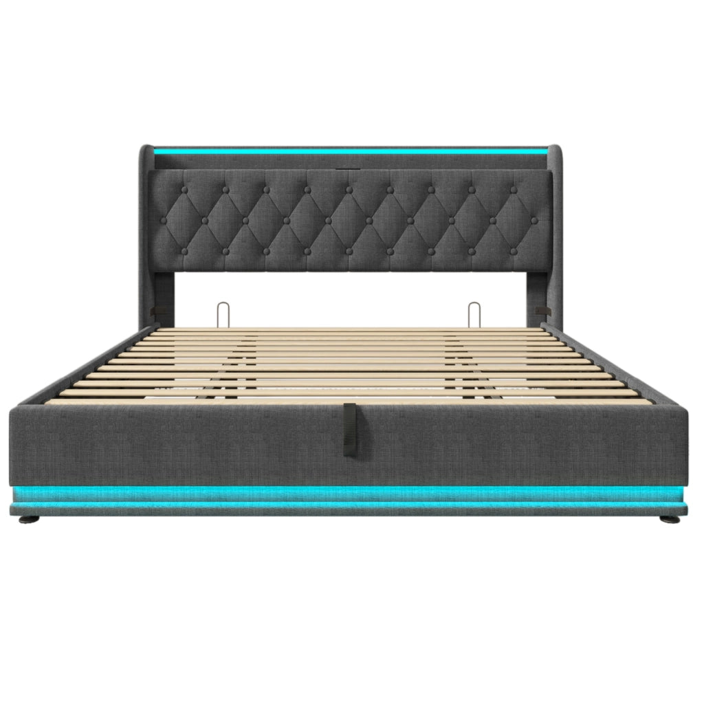 Letto imbottito 180x200 cm con LED; contenitore idraulico; USB Type-C; lino grigio