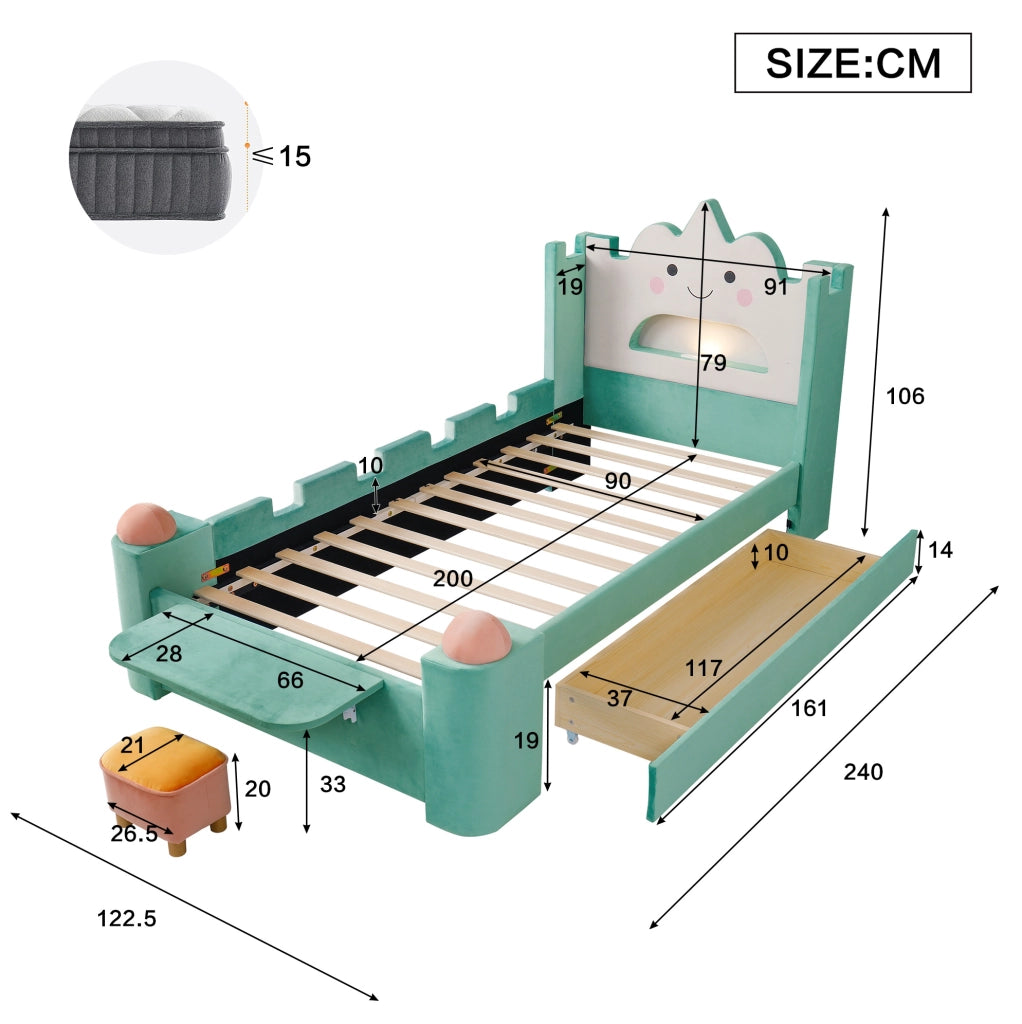 Letto imbottito per bambini a forma di nuvola con luce LED, USB e cassetto