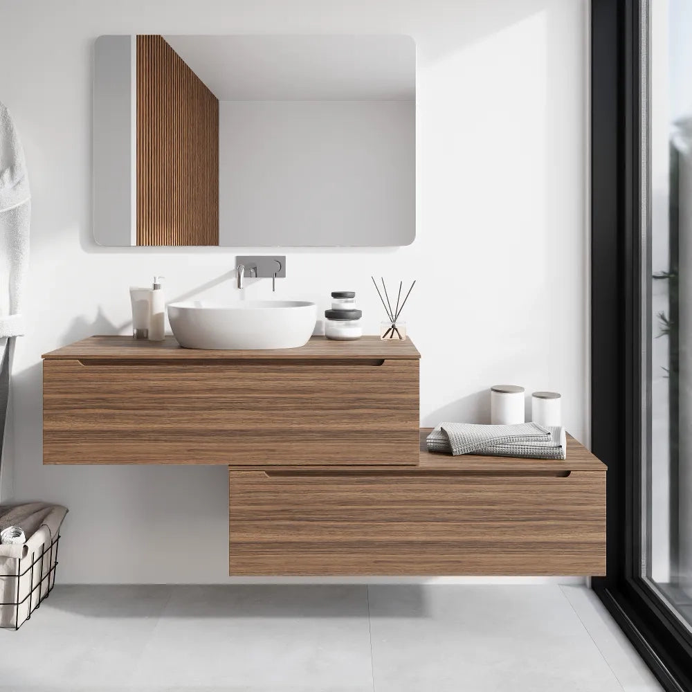 Mobile bagno sospeso modulare 90 cm rovere scuro due cassetti con top | Bako