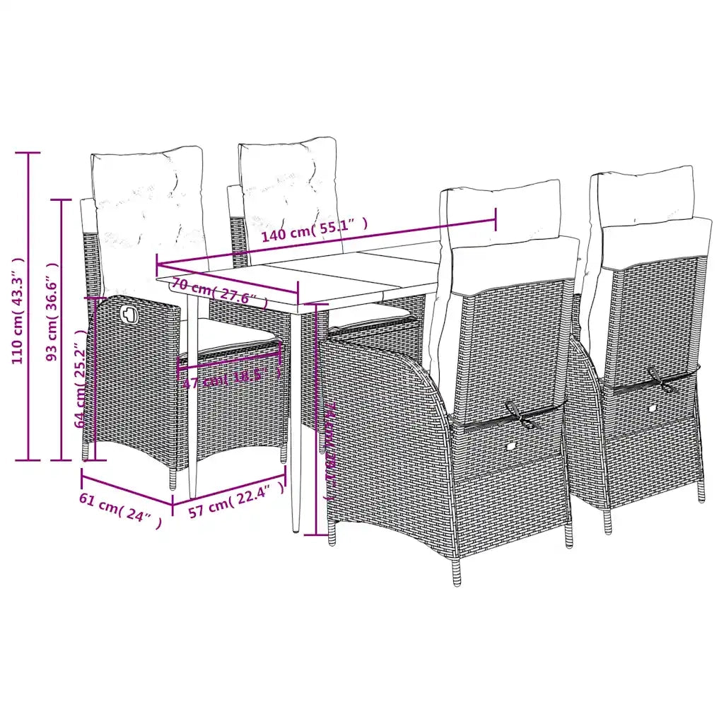 Set Pranzo da Giardino 5pz con Cuscini Grigio Chiaro Polyrattan
