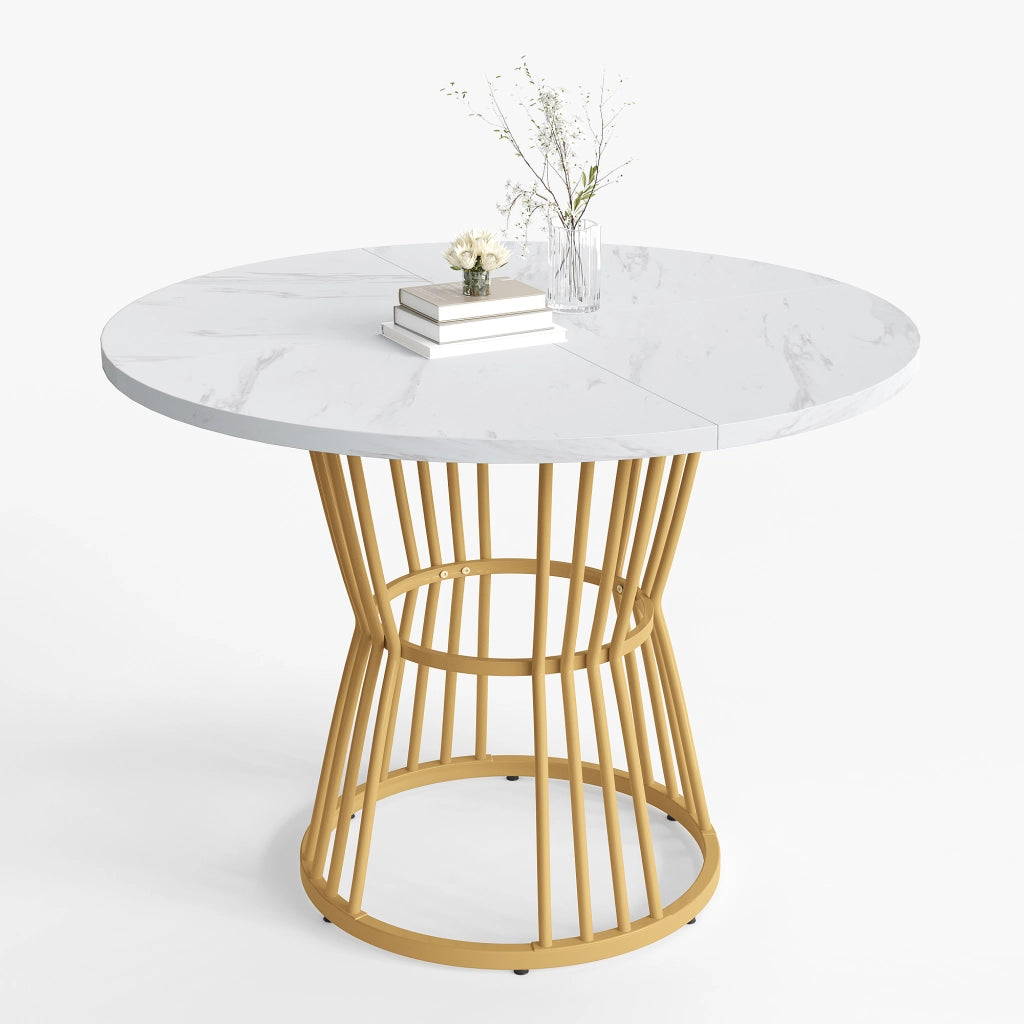 Tavolo da Pranzo Rotondo per 4 Persone con Gambe in Metallo; Effetto Marmo; in MDF; 100 x 75 cm; Bianco