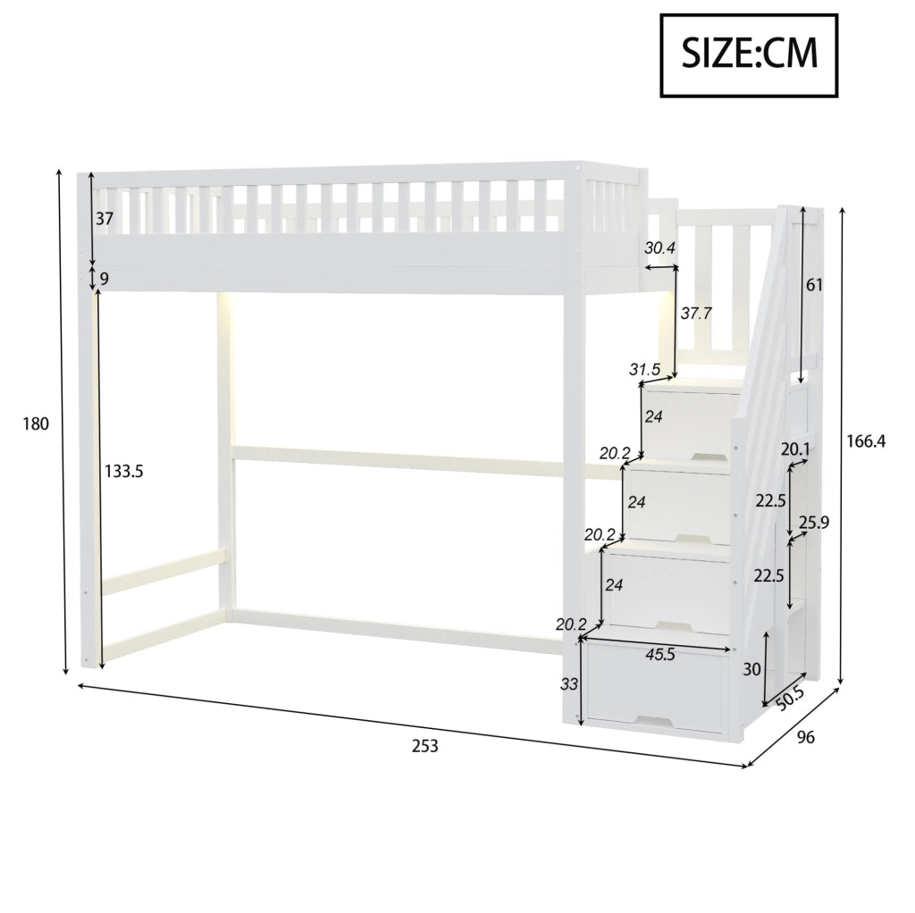 Letto a Castello in Legno di Pino 90x200 cm con Scaletta di Sicurezza e LED, Bianco