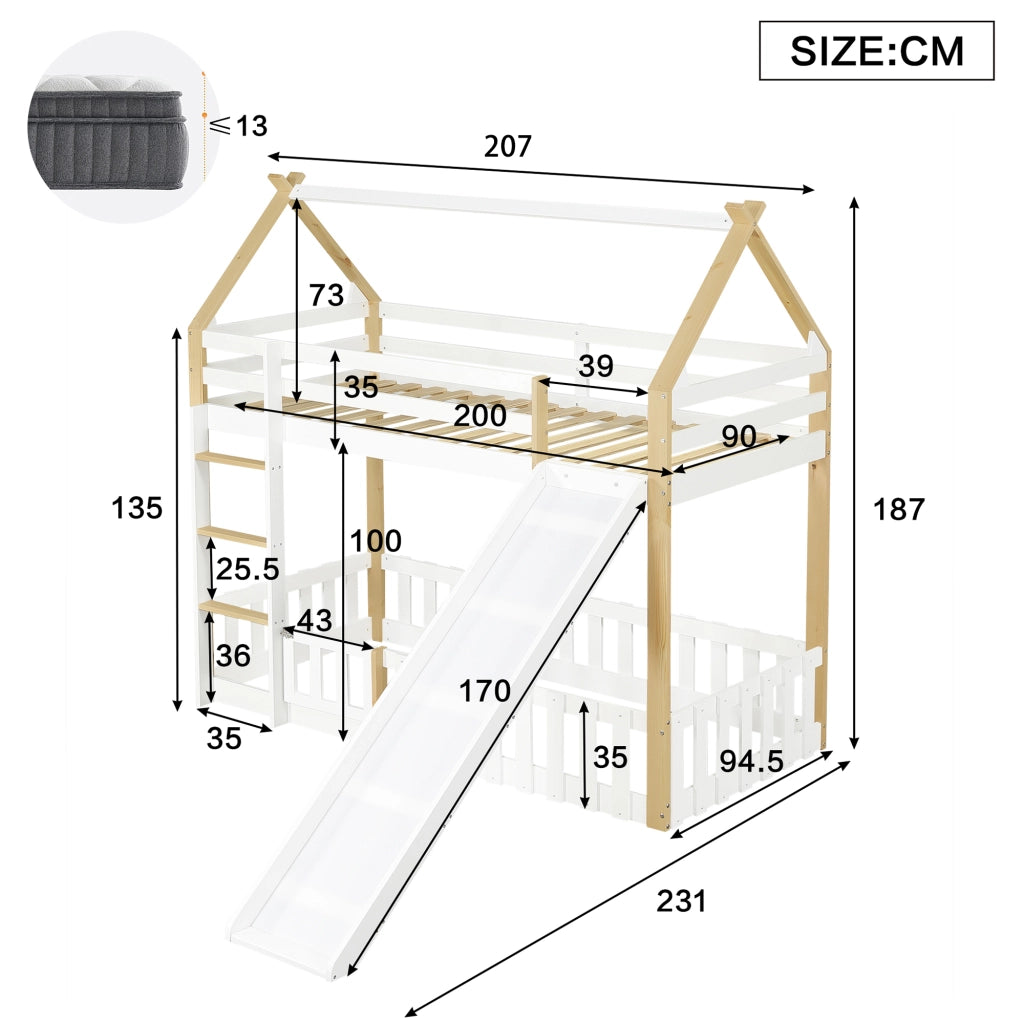 Etagenbett con scivolo bambini pino MDF compensato 90x200 cm