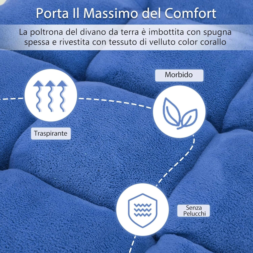 Sedia da Pavimento, Poltrona Imbottita Regolabile in 14 Posizioni 90°-180°, Cuscino da Terra Pighevole Imbottito, Sedia Reclinabile per Relax, Yoga, Lettura (Blu)